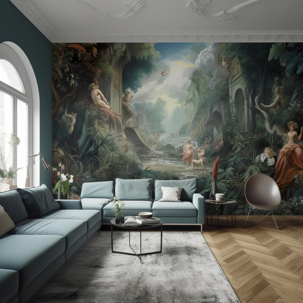 un grand salon avec un canapé en L, du parquet chevrons et du papier peint panoramique au mur