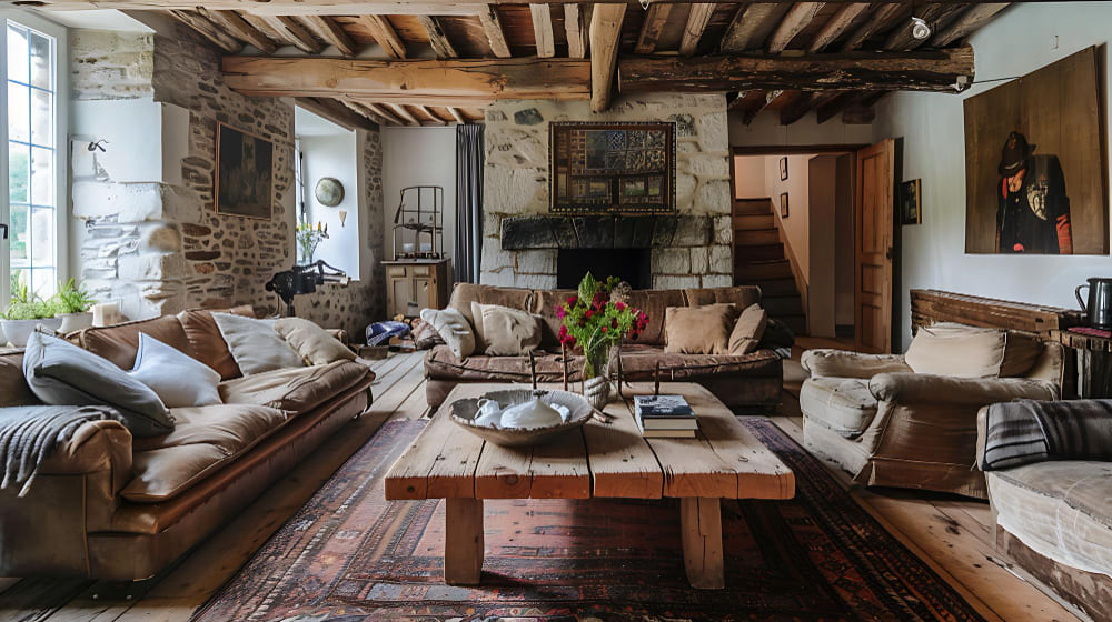 un grand salon de style rustique authentique, avec des poutres au mur, une table basse et une cheminée en pierres