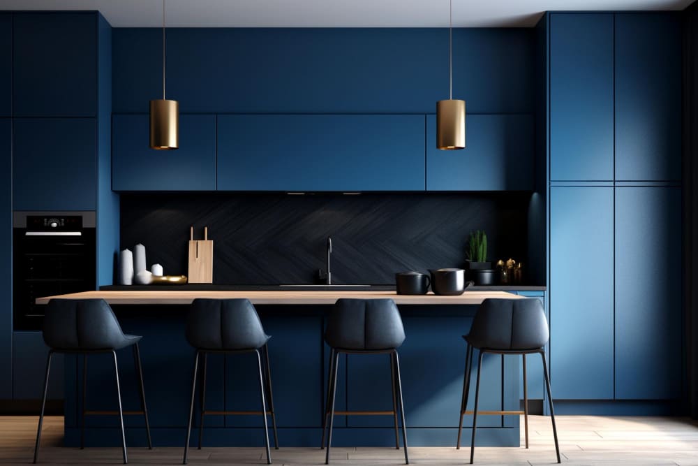 une grande cuisine bleu pétrole, avec deux lampes suspendues et des tabourets de bar