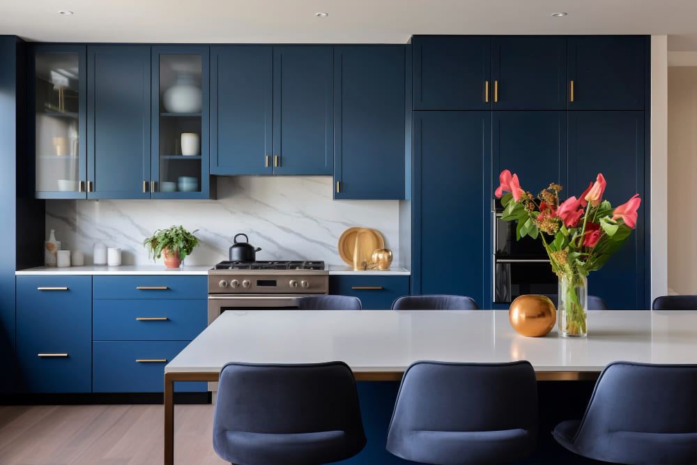 une grande cuisine bleu pétrole, avec un table ornée d'un vase de tulipes