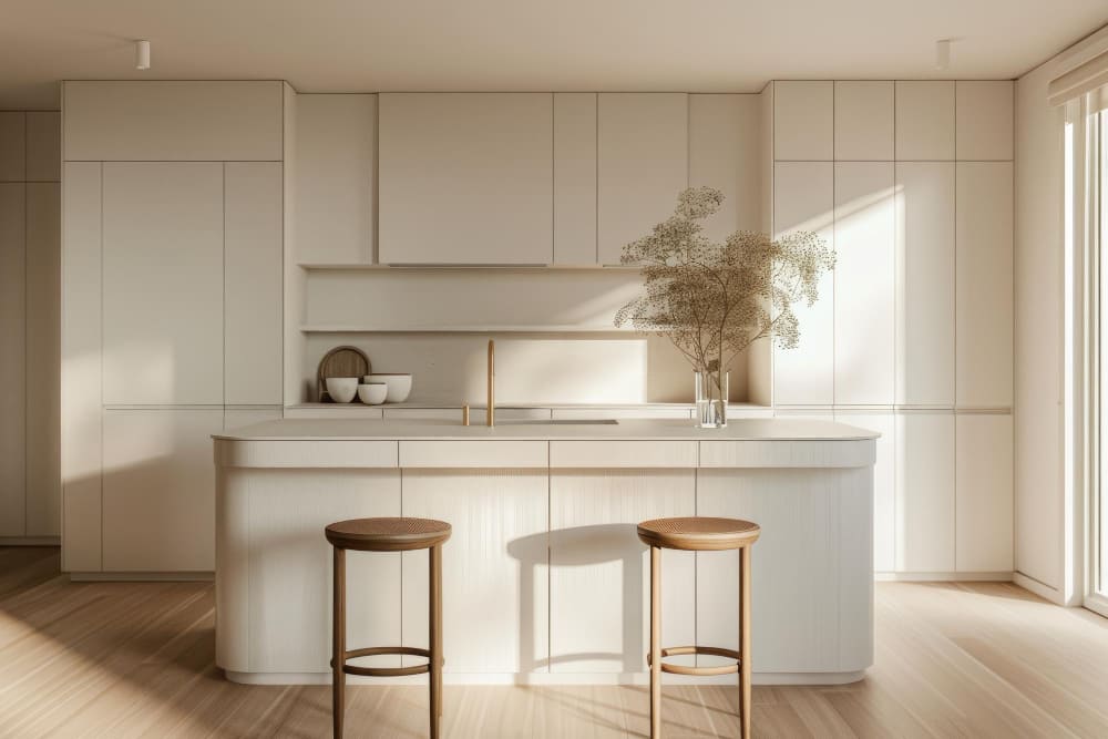 une grande cuisine dans les tons beige, épurée, avec des tabourets de bar