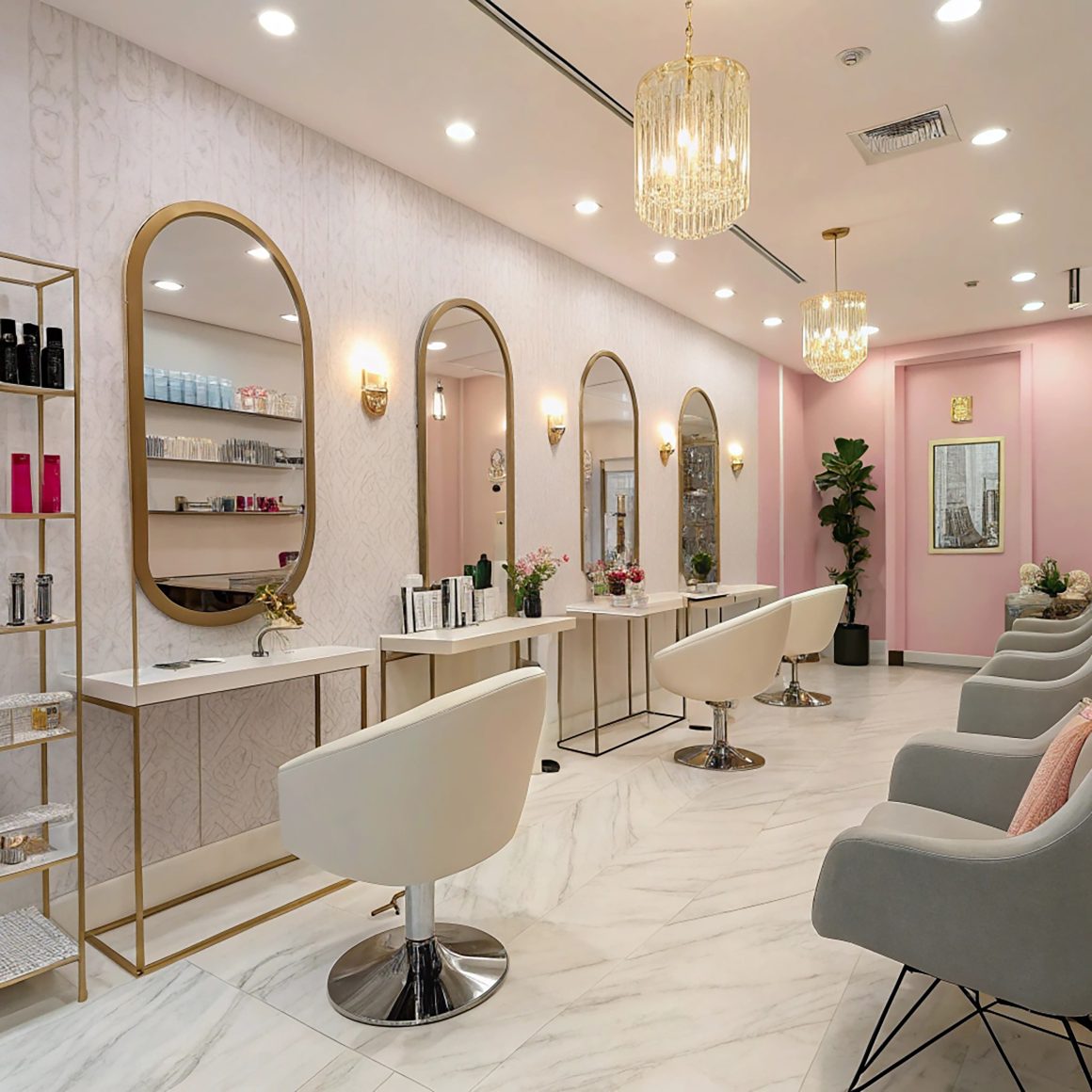 Salon de coiffure aux tons roses et blancs avec miroirs ovales dorés, fauteuils et luminaires en cristal