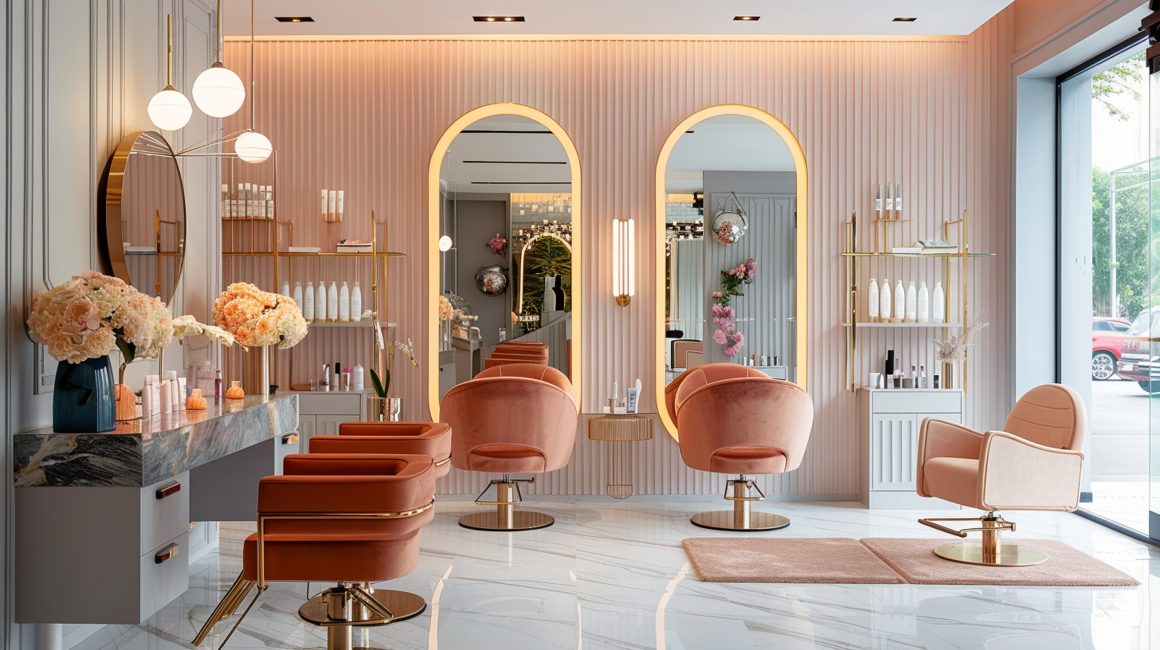 Institut de beauté aménagé avec fauteuils pêche pastel, miroirs arqués, fleurs et vasques délicates.