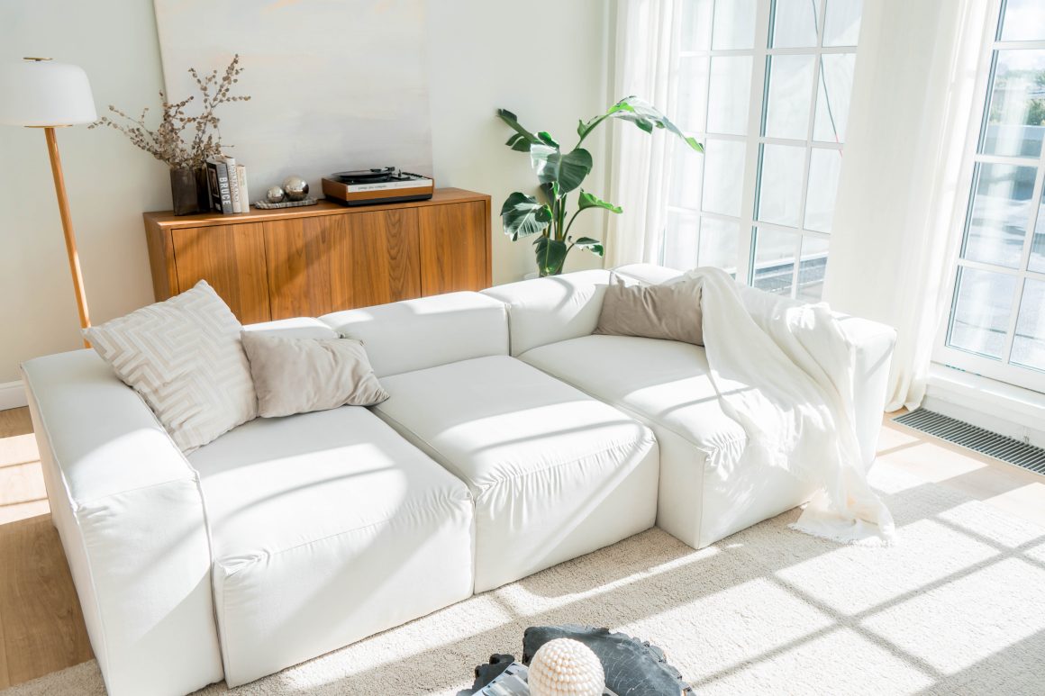 Un salon lumineux inclut canapé blanc, plante, commode, lampadaire et tapis