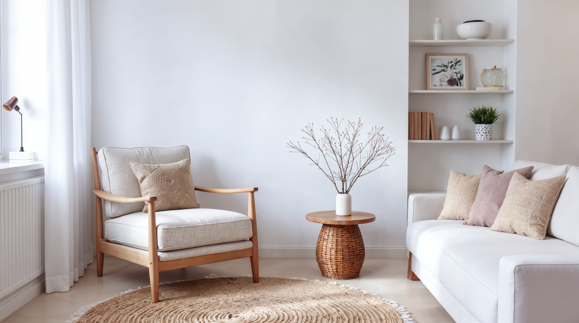 Intérieur minimaliste aux tons neutres avec chaise en bois claire, canapé blanc, table ronde et décor naturel