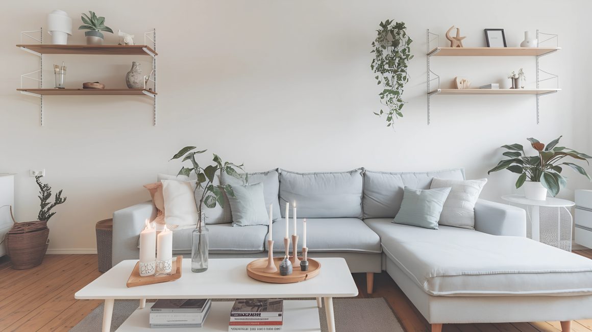Canapé d’angle gris, table basse blanche, étagères en bois et plantes dans une pièce de vie scandinave