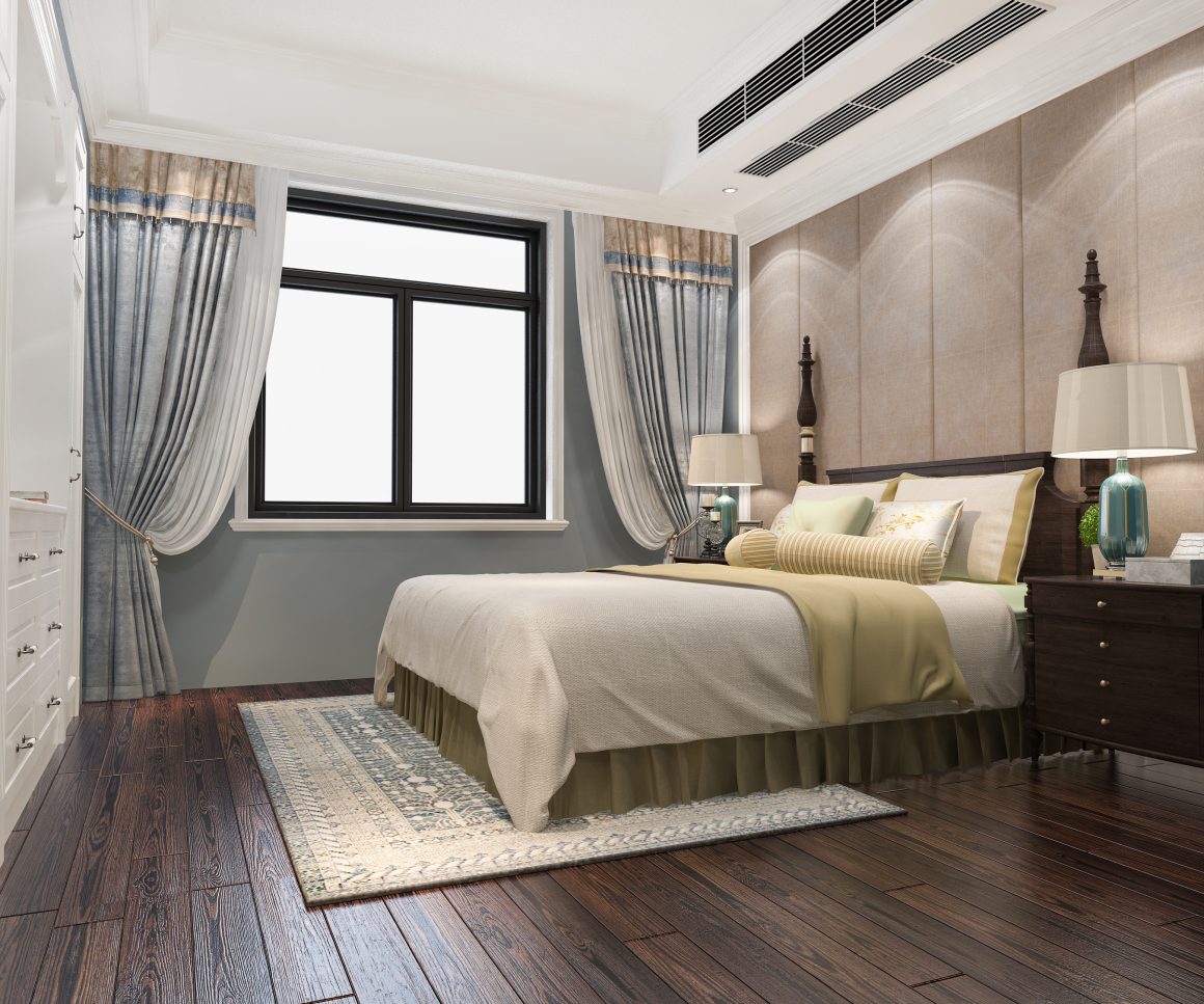 chambre a coucher luxueuse, le mur adjacent a la fenetre peint en gris donne une sensation de profondeur