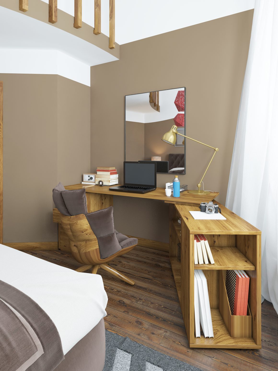 Coin bureau chaleureux en bois avec fauteuil confortable, lampe dorée, étagères et rideau blanc