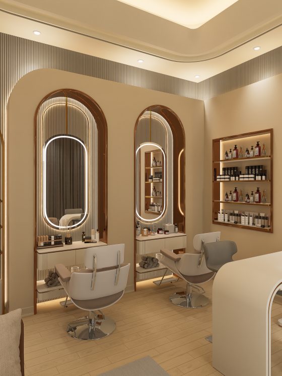 Institut de beauté avec miroirs ovales, postes vernis, rangements bois, éclairage doux et fauteuils modernes