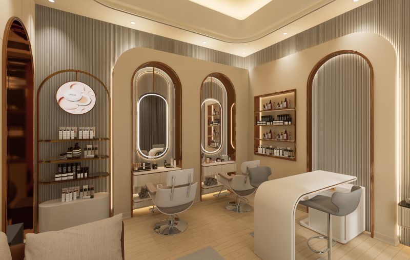 Institut de beauté avec miroirs ovales, postes vernis, rangements bois, éclairage doux et fauteuils modernes