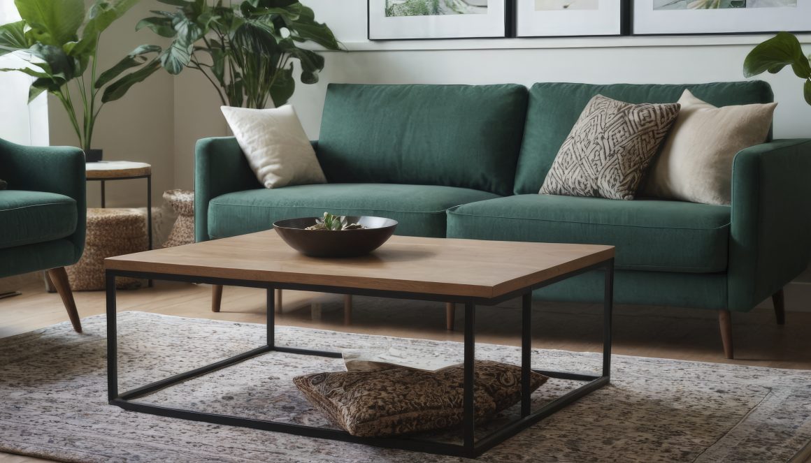 Canapé vert émeraude, table basse bois et métal noir, tapis clair et plantes