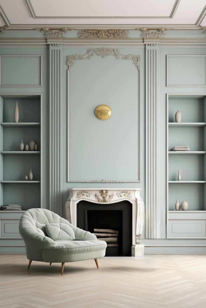 des moulures et des soubassements vert pâle avec une cheminée et du parquet chevrons ainsi qu'un fauteuil cocooning