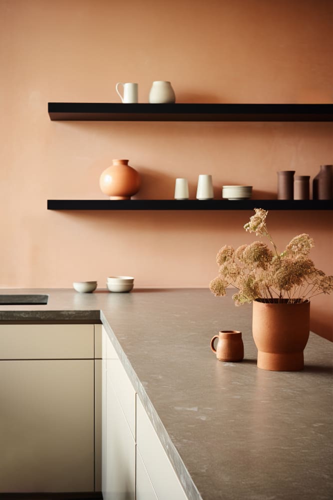 un mur terracotta avec des étagères noires et un plan de travail gris dans la cuisine