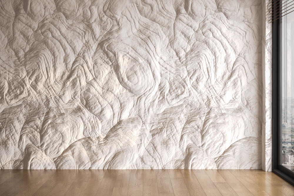 un mur texturé dans le style pierre, dans un grand salon lumineux