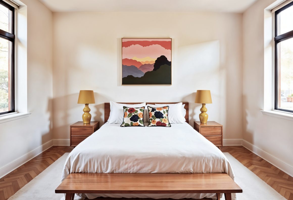 Lit avec coussins fleuris, tables de chevet en bois, lampes jaunes, tableau montagne dans une chambre minimaliste