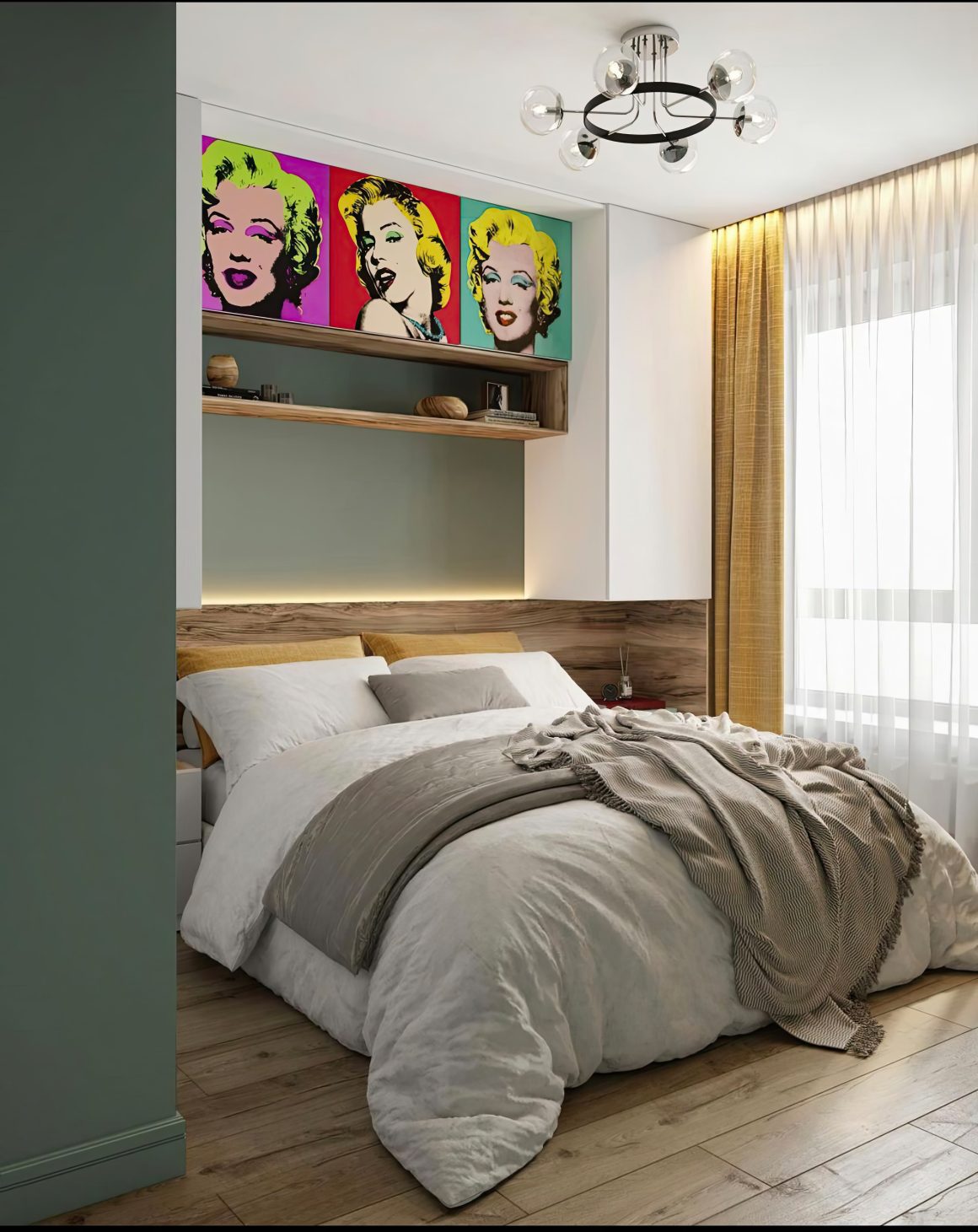 Chambre cosy avec lit moelleux, éclairage doux, rideaux dorés et tableau pop art Marilyn