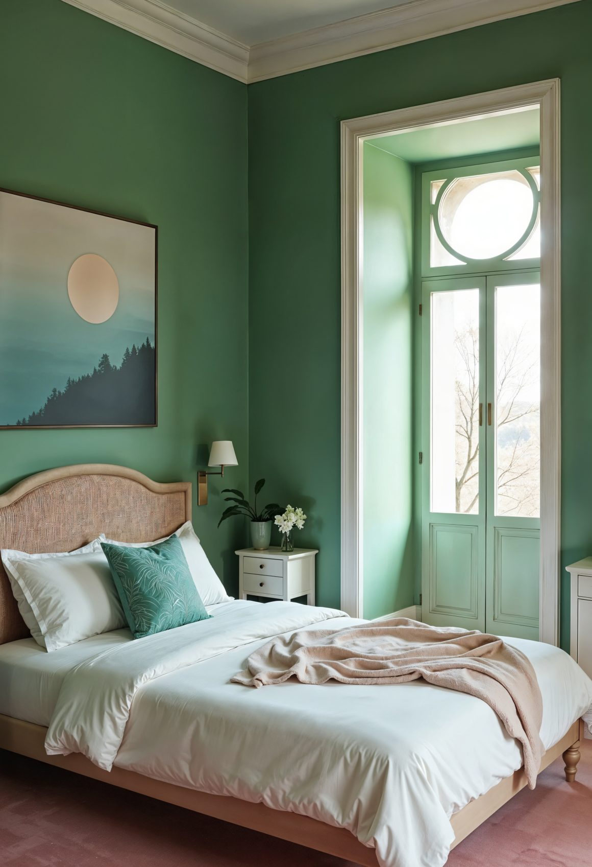 Chambre aux murs verts avec lit blanc, tête de lit en rotin, table de chevet et grande fenêtre