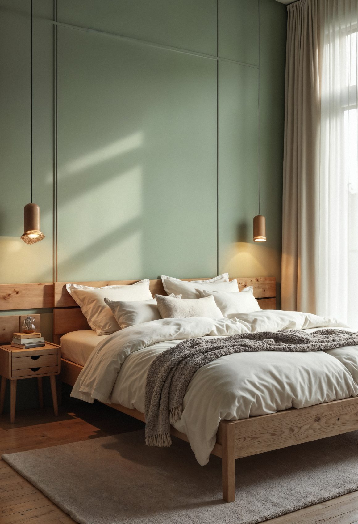 Chambre avec murs verts, mobilier en bois, literie blanche moelleuse et lumière tamisée