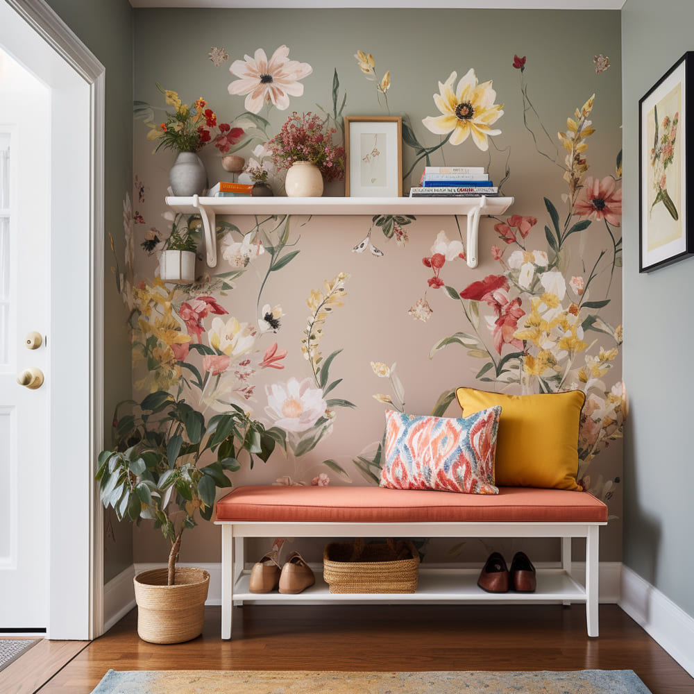 du papier peint fleuri coloré derrière une banquette avec un coussin corail, du parquet au sol et une étagère blanche en bois
