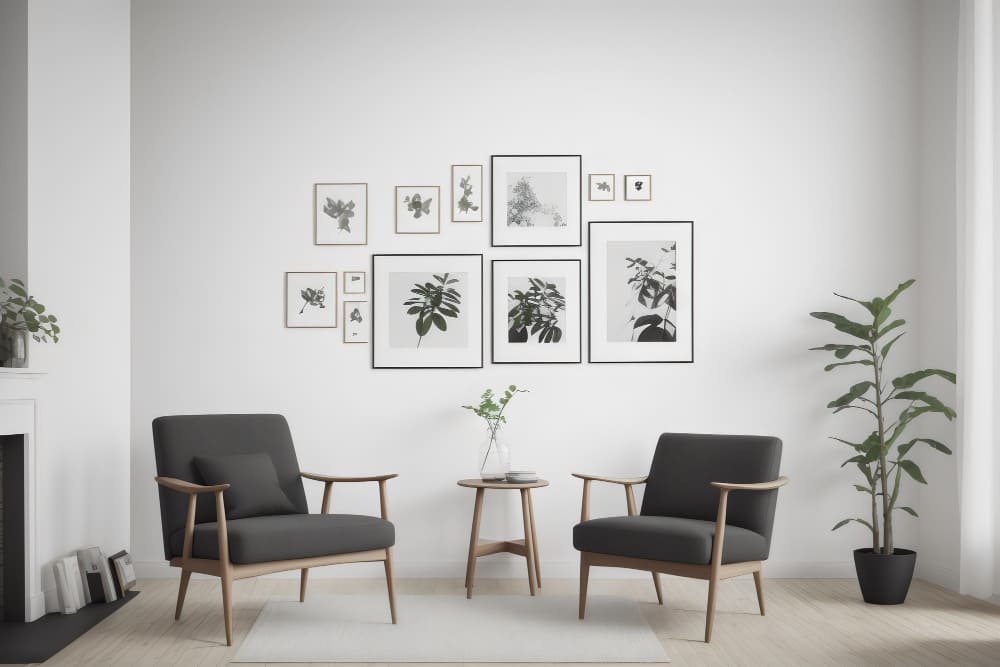 plusieurs tableaux de différentes tailles représentant des végétaux au-dessus de fauteuils gris