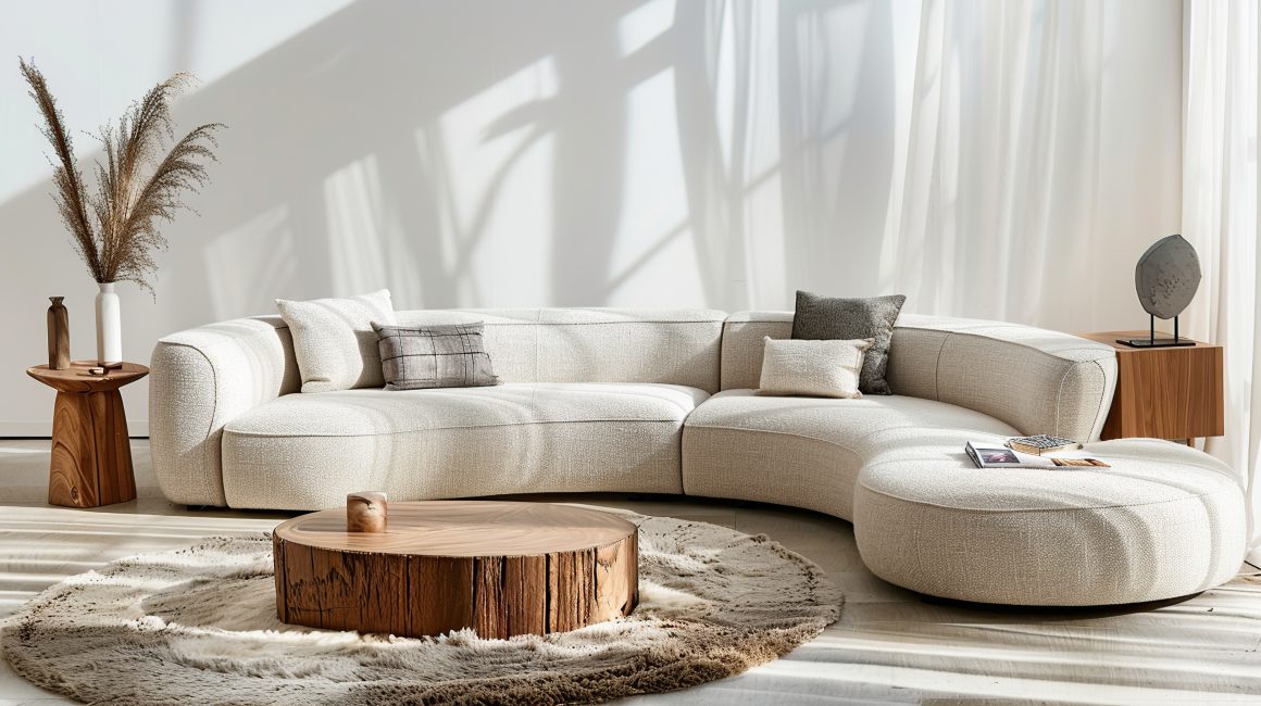 Canapé sectionnel beige avec table basse en rondin, tapis crème et lumière naturelle