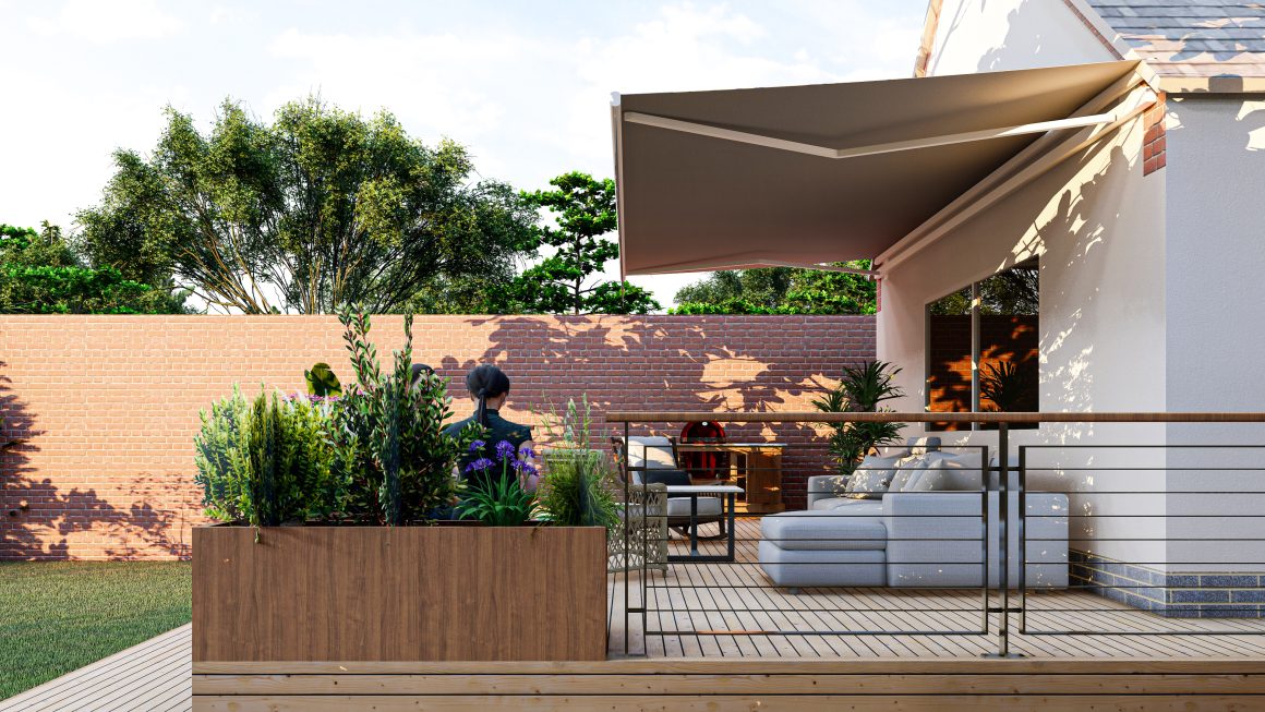 Terrasse moderne en bois avec jardinière, canapé extérieur, store banne, table et mur en briques