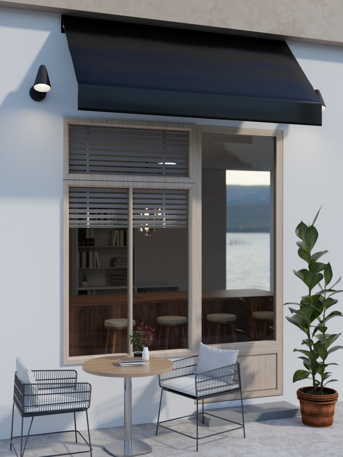 Terrasse extérieure moderne avec table ronde, chaises en métal, coussins blancs, store noir et plante en pot