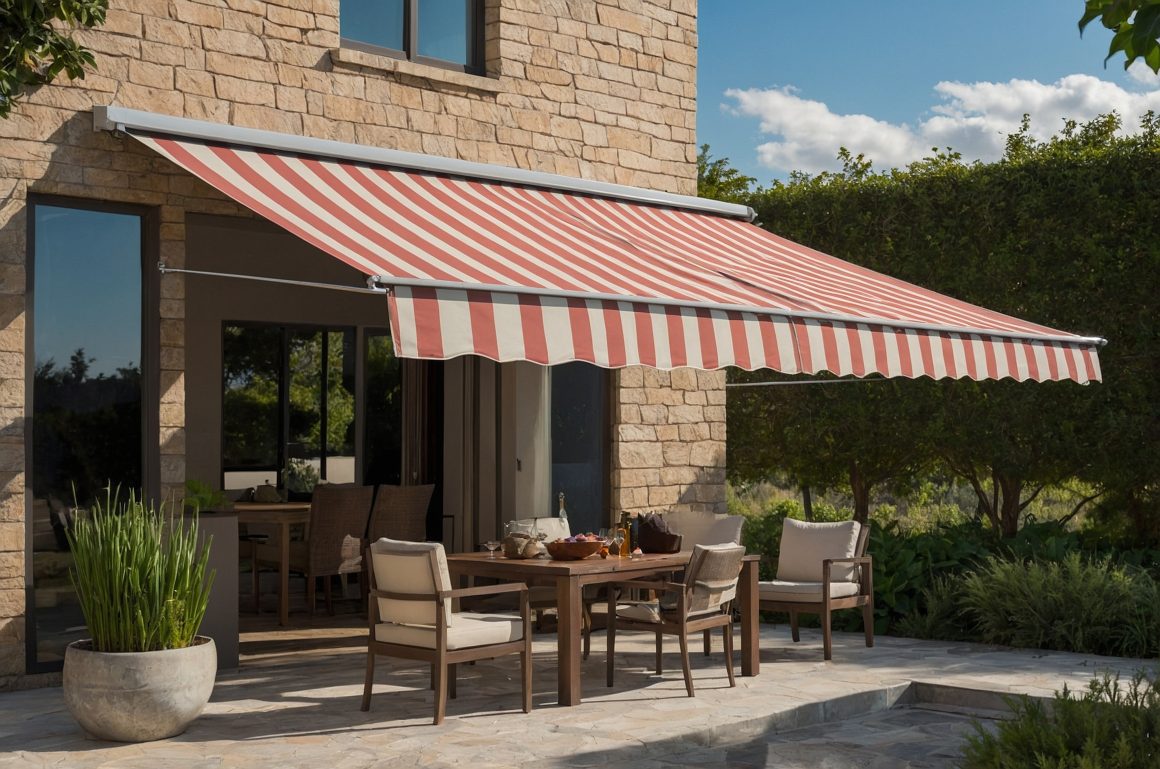 Terrasse lumineuse sous voilage rayé avec table et fauteuils confortables, entourée d'un jardin