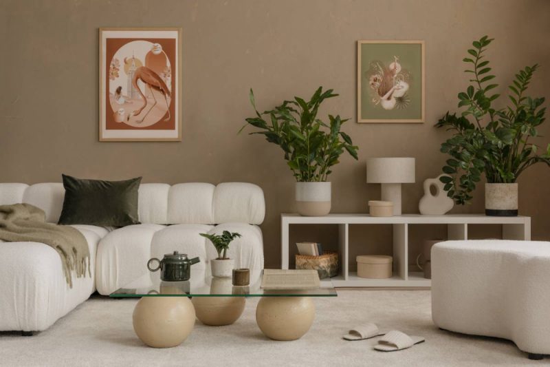 Salon avec canapé blanc bouclé, table basse en verre, plantes vertes et cadres artistiques