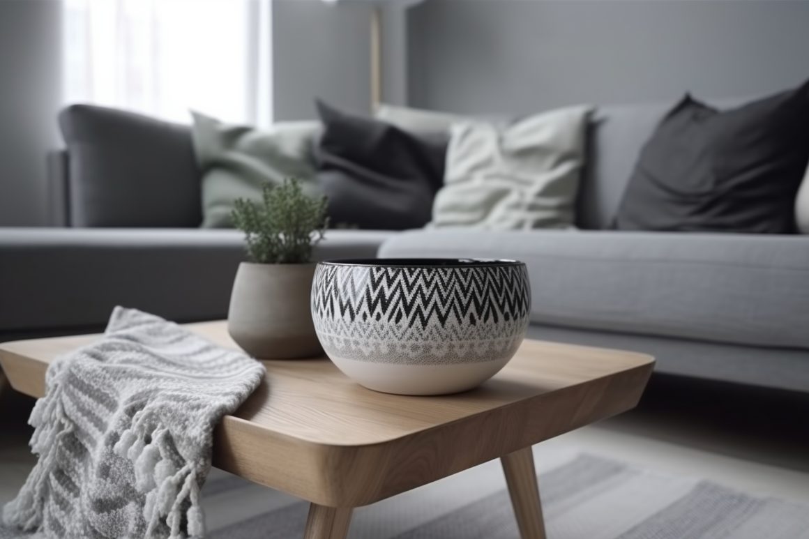 Table basse en bois clair avec vase gris, plante et canapé gris foncé.