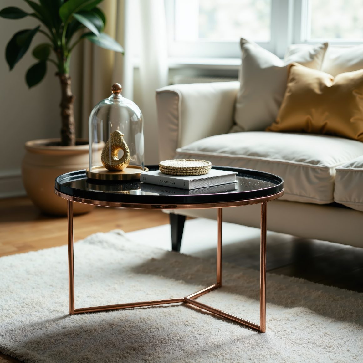 canapé crème, une plante et une table basse ronde élégante en cuivre,.
