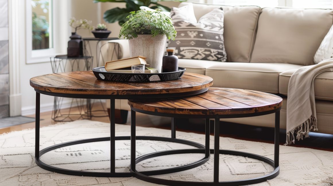 Deux tables basses gigognes rondes en bois chaud et métal noir, décorée d'un plateau avec livre avec plante