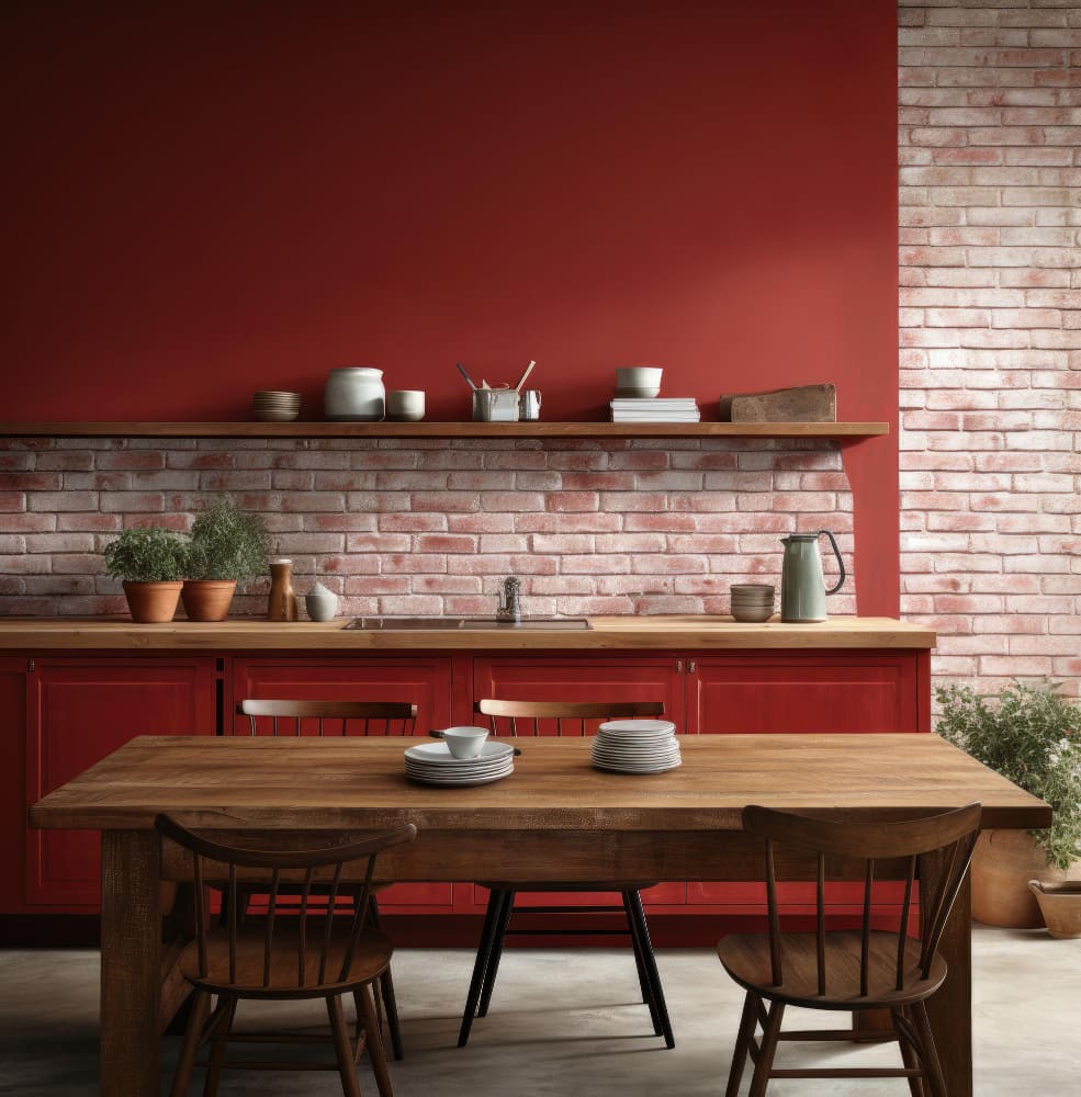 La tendance couleur mur cuisine aime ici le bordeaux, avec un mur en briques et une grande table en bois