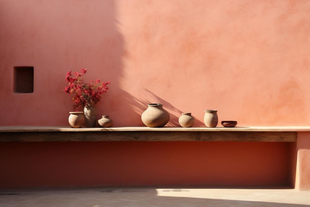 la tendance couleur mur cuisine aime le terracotta doux et naturel, avec une grande étagère en bois et des pots en terre cuite