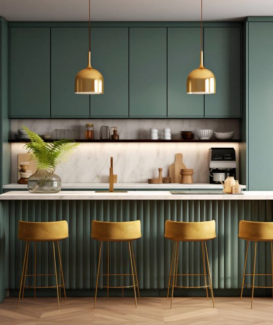 tendance couleur mur cuisine vert sauge dans une grande pièce lumineuse avec du parquet chevrons avec îlot central