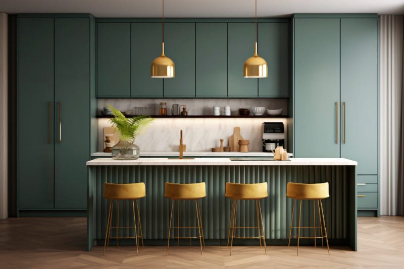 tendance couleur mur cuisine vert sauge dans une grande pièce lumineuse avec du parquet chevrons avec îlot central