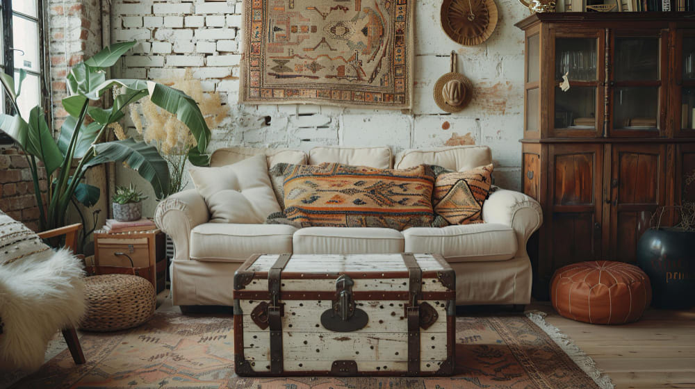 tendance déco dans le salon avec un canapé beige et une malle en guise de table basse