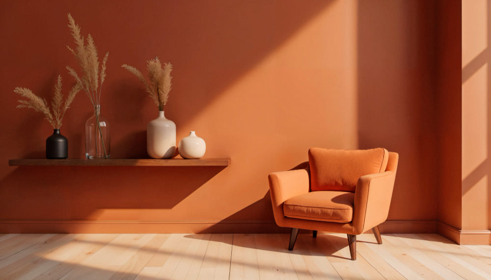 tendance déco dans le salon avec le mur et le fauteuil terracotta, du parquet sur le sol et une étagère au mur
