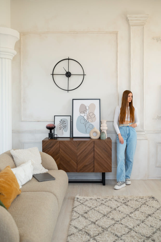 tendance déco dans le salon sobre et élégant, avec un canapé beige, une commode en bois foncé et un tapis moelleux