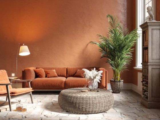 Tendance déco salon dans les tons terracotta, avec une table basse en osier, un canapé chaleureux et une plante verte