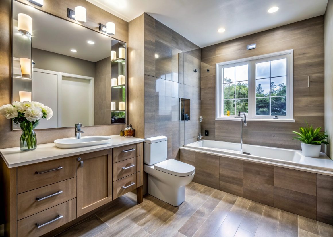 Salle de bain tendance en bois avec grande baignoire, lavabo élégant, miroir éclairé et plantes