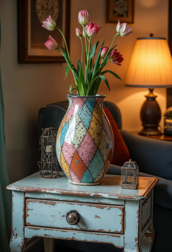 tendances déco avec une table de nuit ancienne bleu patiné vieilli et un vase en terre cuite coloré