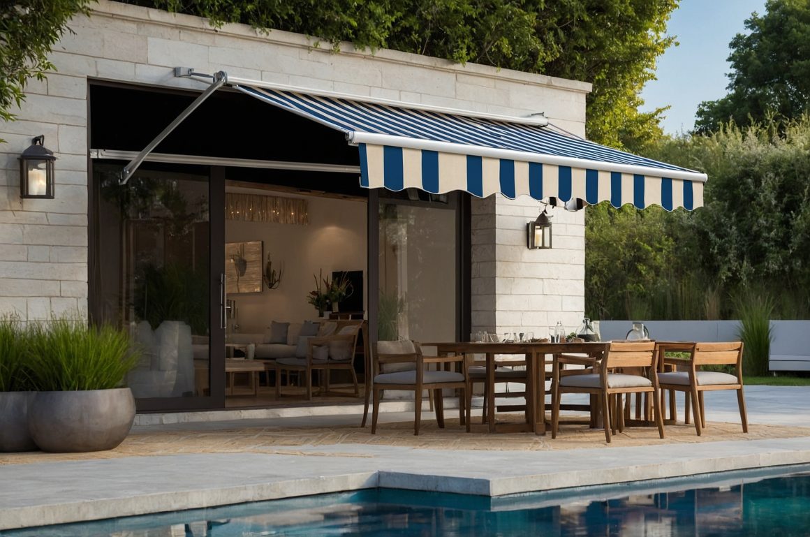 Terrasse élégante près d'une piscine avec store à rayures bleues et mobilier en bois