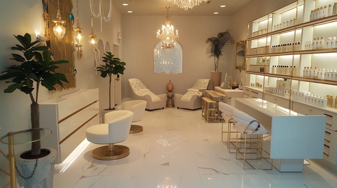 Salon esthétique élégant fauteuils confortables, étagères soignées, plantes et luminaires en cristal
