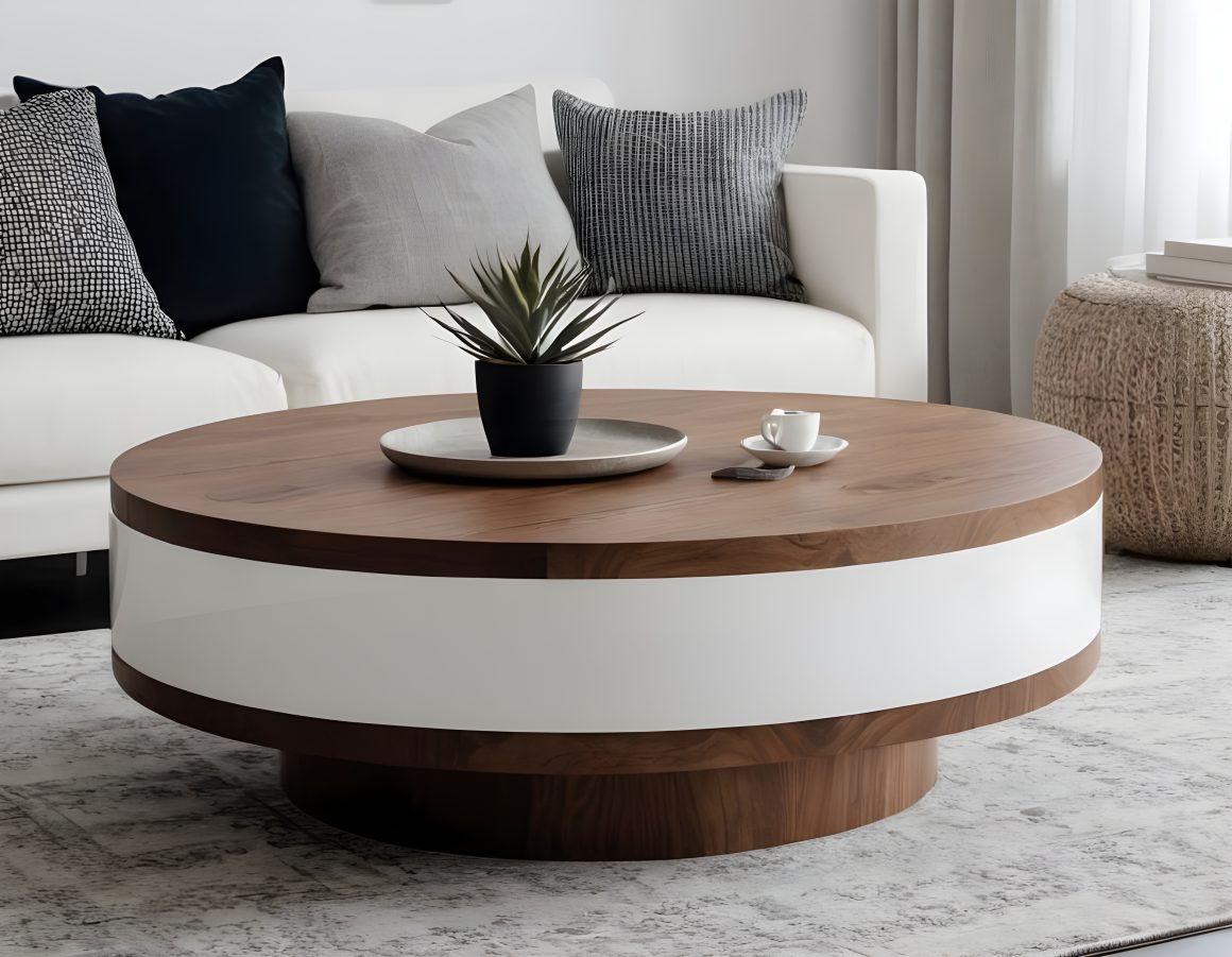 Salon avec canapé blanc et table basse ronde en bois