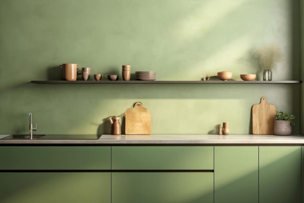 du vert sauge sur les murs et les meubles de la cuisine
