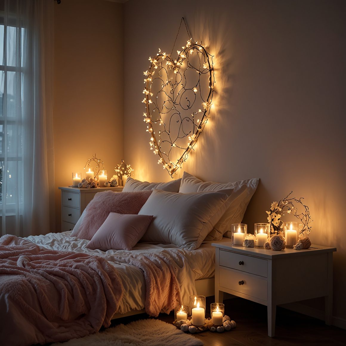 Chambre cosy romantique éclairée par bougies et guirlandes lumineuses en forme de cœur