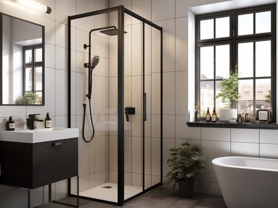 Salle de bains avec douche vitrée noire, lavabo sombre, baignoire blanche, carrelage clair et plantes