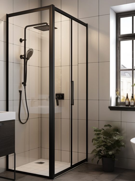 Salle de bains avec douche vitrée noire, lavabo sombre, baignoire blanche, carrelage clair et plantes