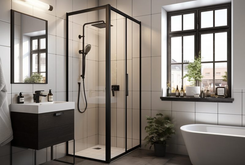 Salle de bains avec douche vitrée noire, lavabo sombre, baignoire blanche, carrelage clair et plantes